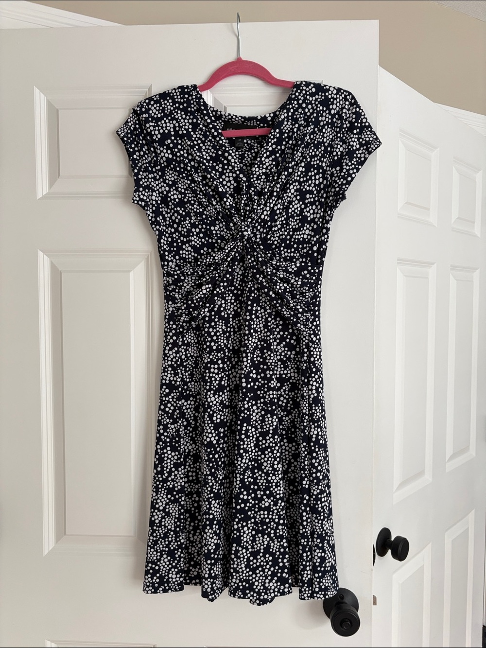Women's Navy and White Polka Dot Twist-Front Dress